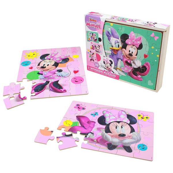 Minnie Mouse Wooden Puzzles 3 Pack in Wood Storage Tray | Smyths Toys UK