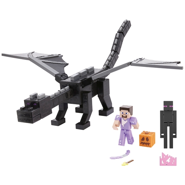 Minecraft 15th Anniversary Ender Dragon with Steve and Enderman figures ...