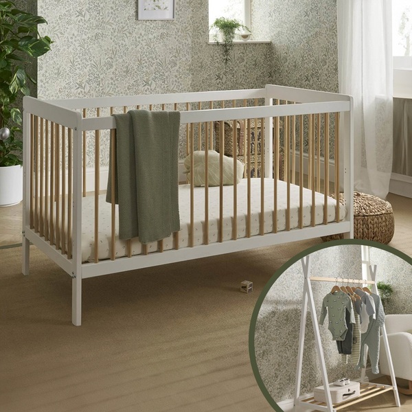 CuddleCo Nola Cot Bed & Clothes Rail White/Natural Wood Bundle Smyths