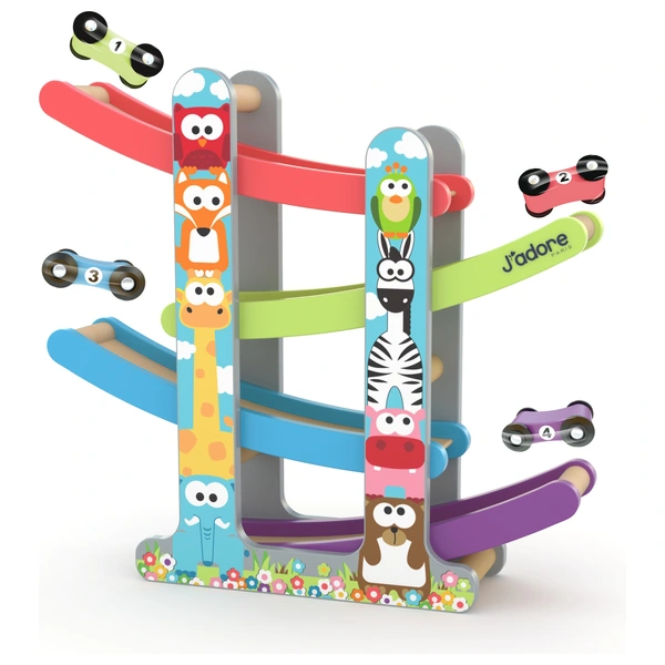 Rampe De Course En Bois Avec 4 Voitures - Jouet Éducatif Enfant 18 Mois+ - Apprentissage Couleurs Et Chiffres