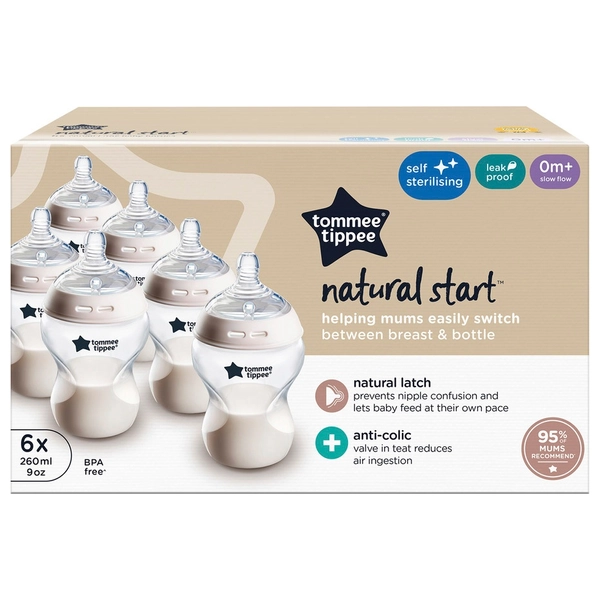 Tommee Tippee Closer to Nature starterset voor babyflessen, natuurlijk gevormde drinkzuiger met anti-koliekventiel, verschillende maten, helder (kleur en design kunnen variëren