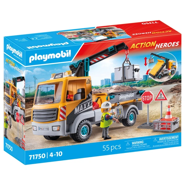 Playmobil 71650 Ouvriers Et Chantier - Action Heroes Promo Pack Comprenant Trois Personnages Une Grue Mobile Et De Nombreux Accessoires Supplementaires Des 4 Ans