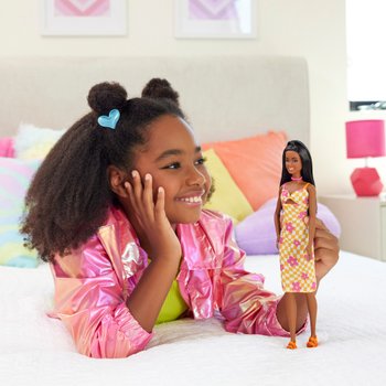 Barbie Fashionistas Doll 233 Barbie with Black Hair and Checkered Flower Midi Dress