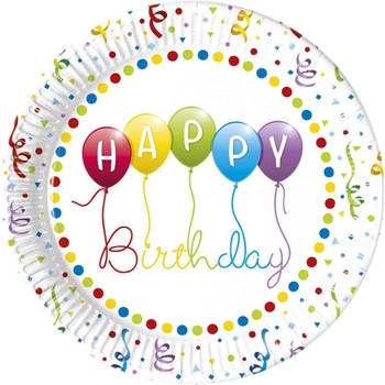 Happy Birthday Streamers 8 Pappteller, 23 cm