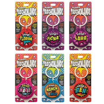 Kleine Taschenlampe als Schlüsselanhänger mit Superhelden Namen sortiert