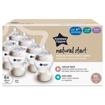 Tommee Tippee Natural Start Self-Sterilising Anti-Colic Baby Bottles 260ml Slow-Flow 6 Pack
