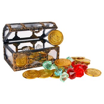 Schatkist met gouden munten en diamanten