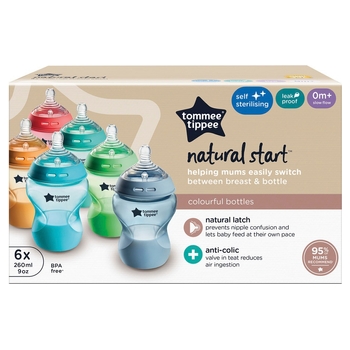 Tommee Tippee Natural Start Self-Sterilising Anti-Colic Baby Bottles 260ml Slow-Flow 6 Pack Multi
