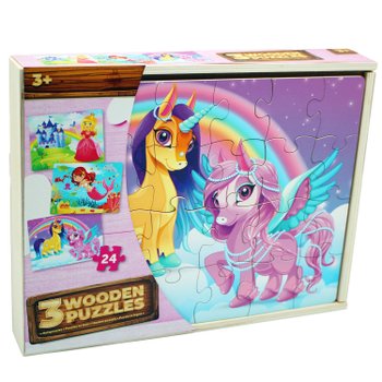 Fantasy 24 Piece Wooden Puzzles 3 Pack with Storage Tray