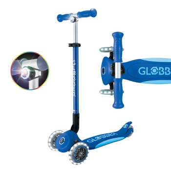Globber Primo Plus Lights Folding 3 Wheel Scooter with LED Wheels Blue