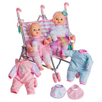 Poupons Jumeaux avec Poussette Double et Accessoires