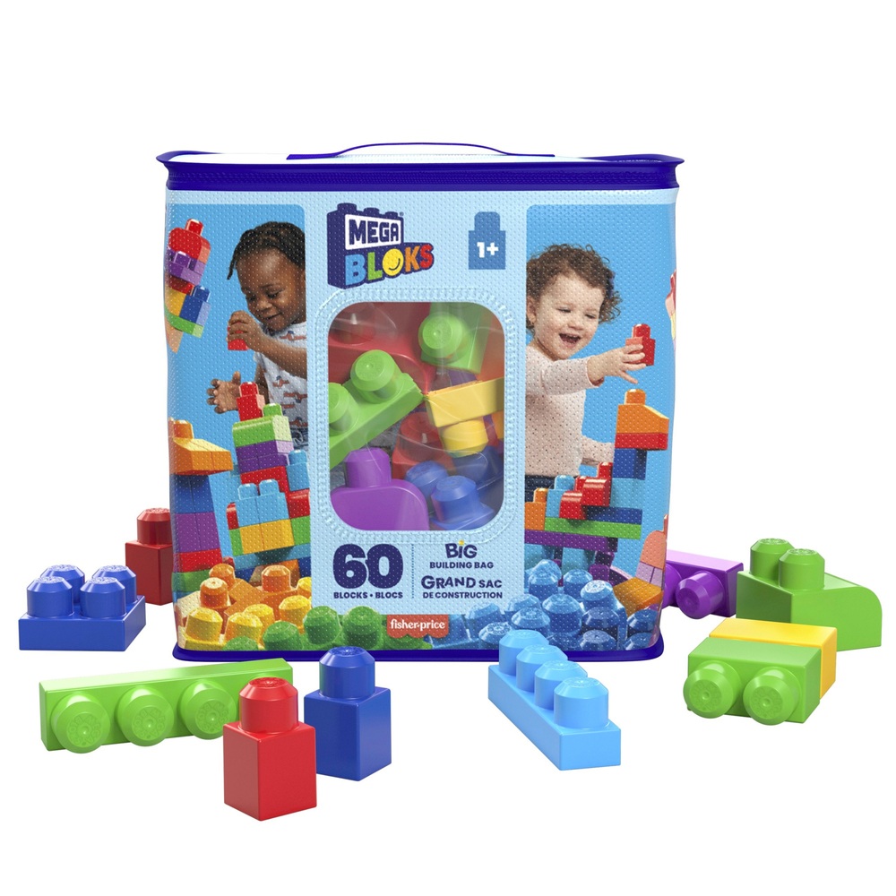 MEGA BLOKS Fisher-Price Toddler Block Toys, Big Building Bag with 80 Pieces  and Storage Bag, Blue, Gift Ideas for Kids Age 1+ Years