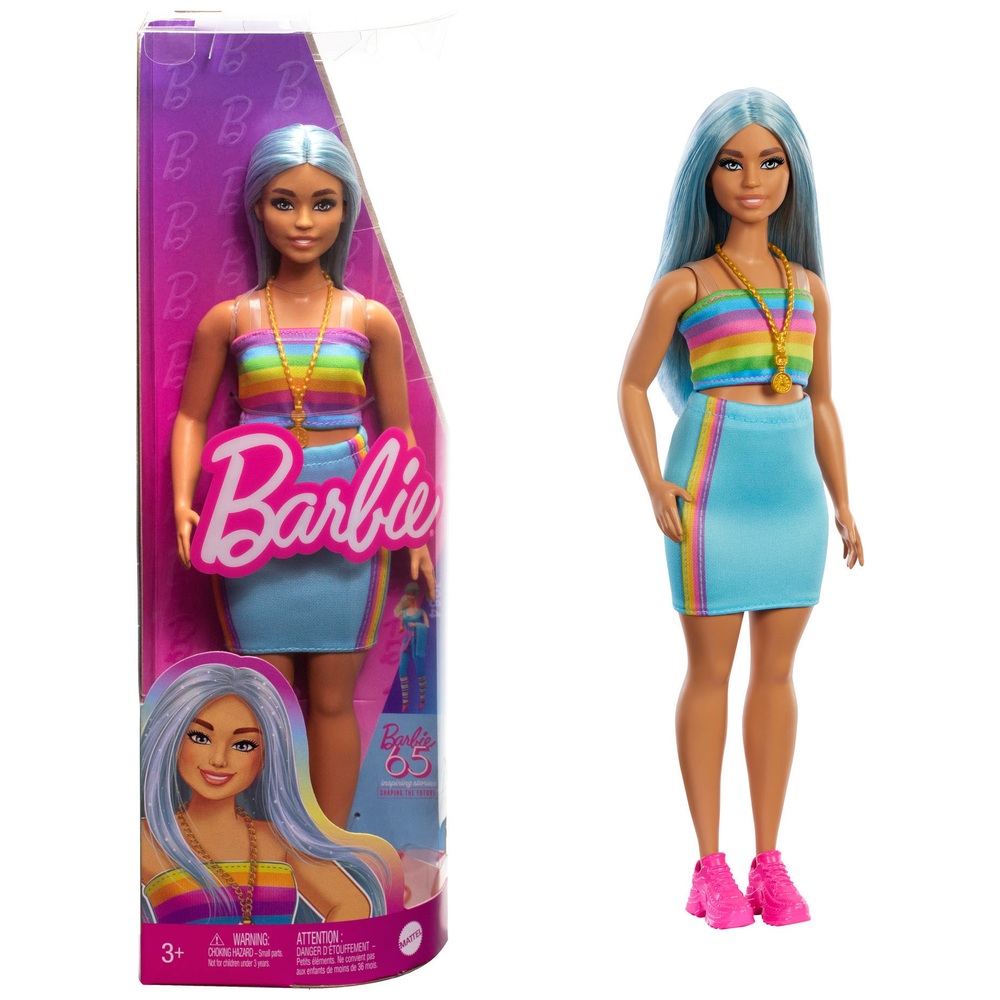 Barbie Fashionistas Doll #218 with Long Blue Hair, Rainbow Top & Teal Skirt