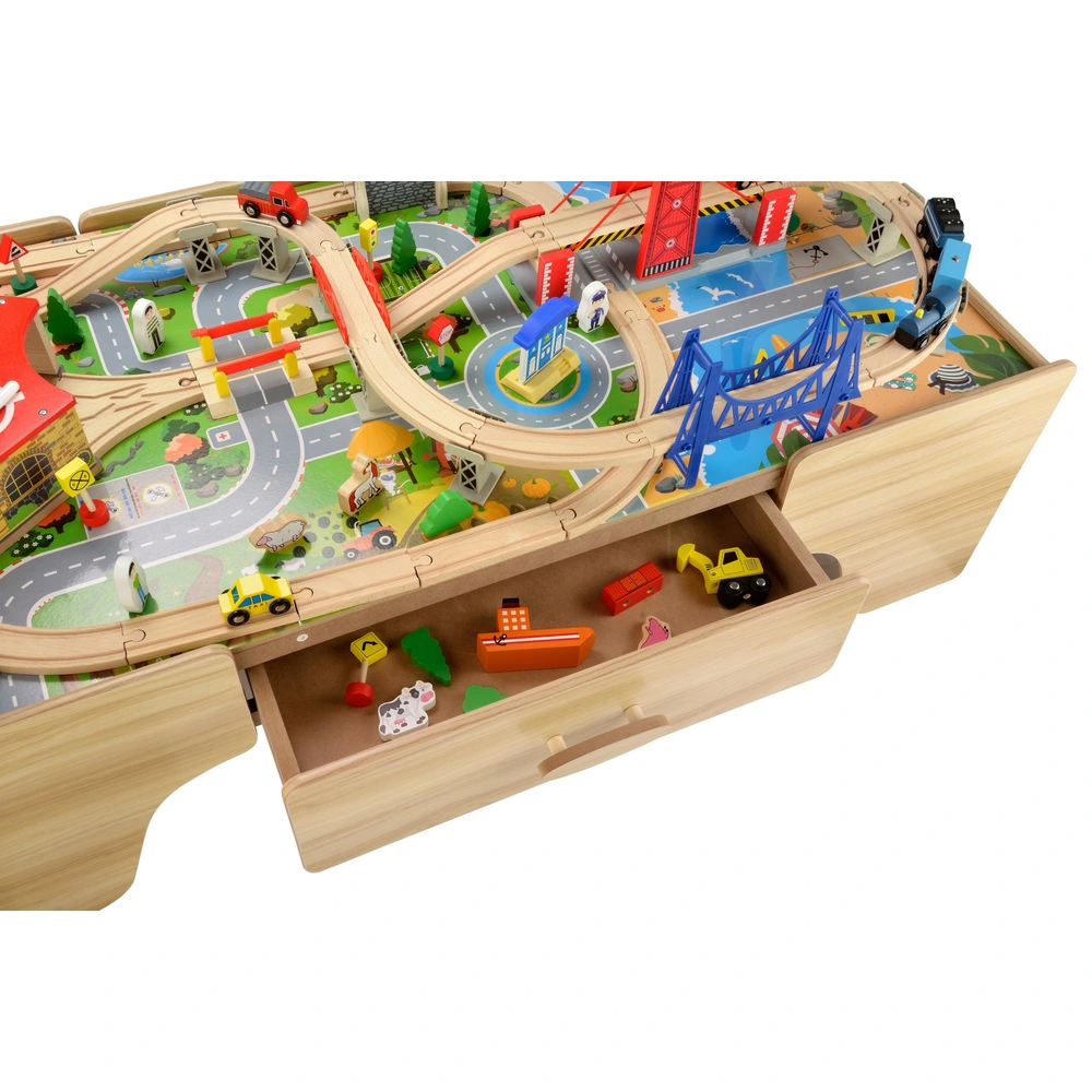 GOPLUS Table Circuit De Train Enfant 80 Pièces - Rail De Train Bois Avec Table Réversible Pour Enfants 3 Ans+