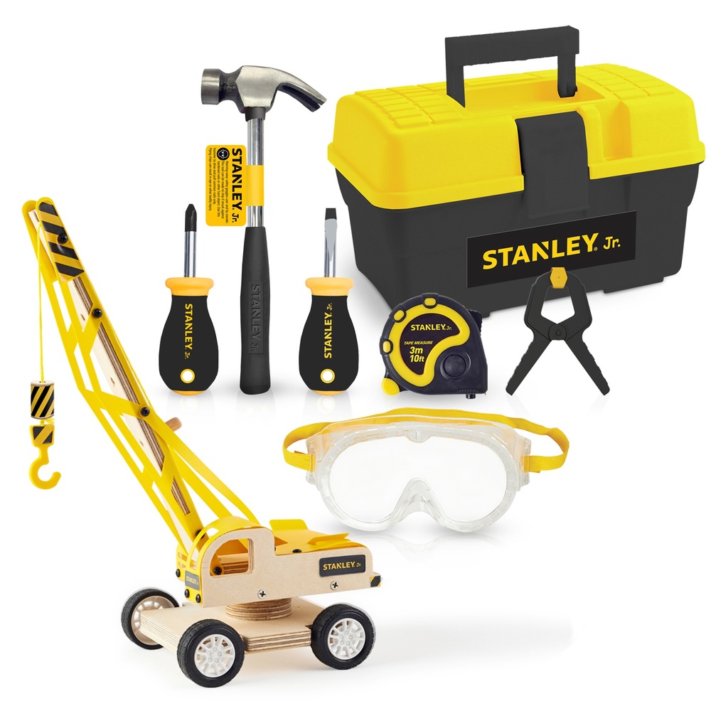  Stanley Jr Grúa de elevación de bricolaje, caja de herramientas  de plástico y juego de herramientas de 6 PC : Juguetes y Juegos