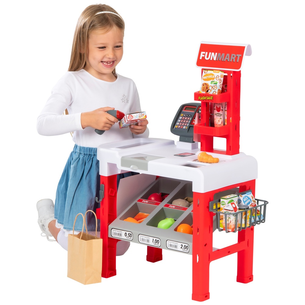 and Trolley Cart Early Learning and Educational Fun Play Brainy Kid’s Supermarket Playset with Cash Register Store Stand Interactive Play Pretend Accessories Toy Food 