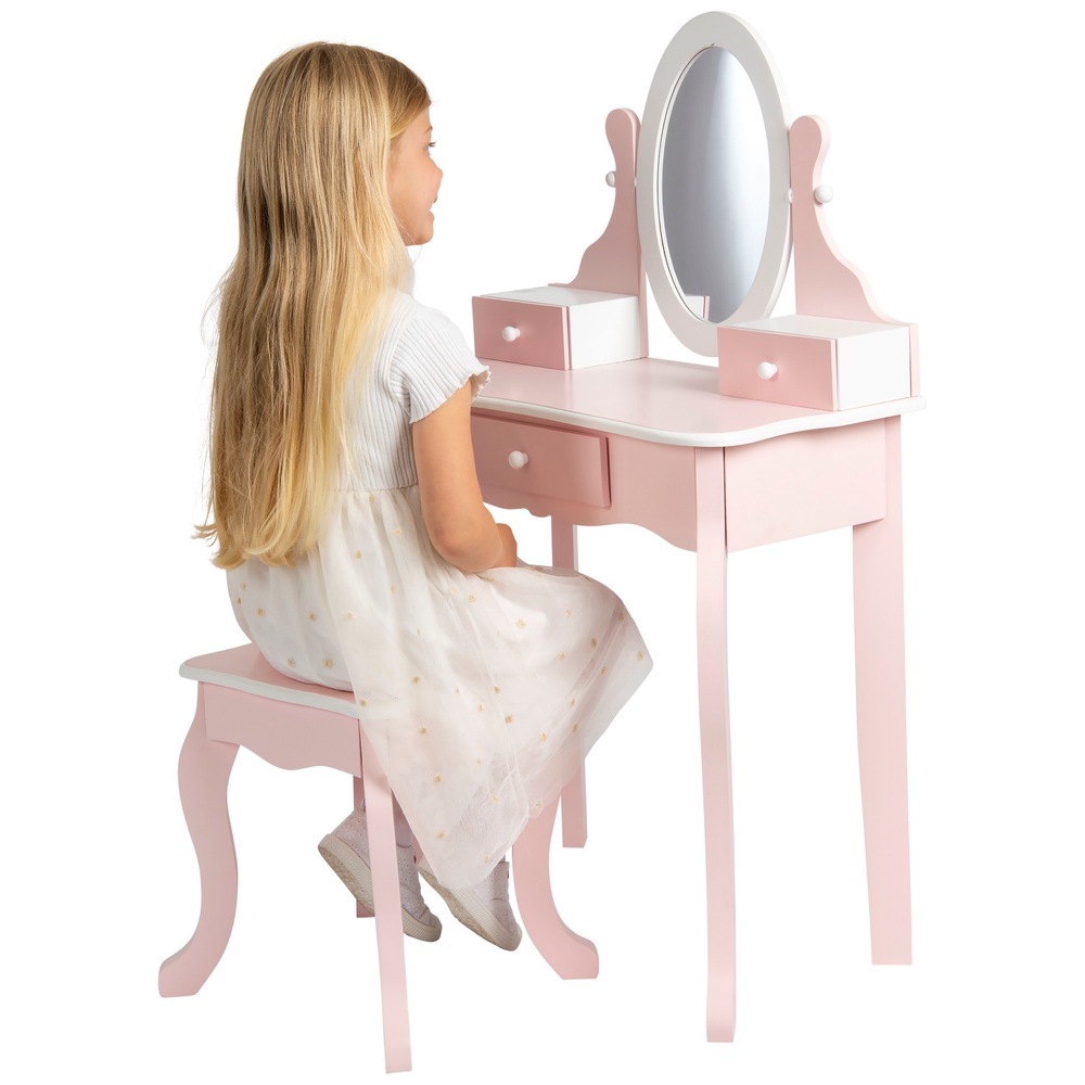 Kids Wooden Vanity Table With Stool, Childrens Vanity Table And Stool