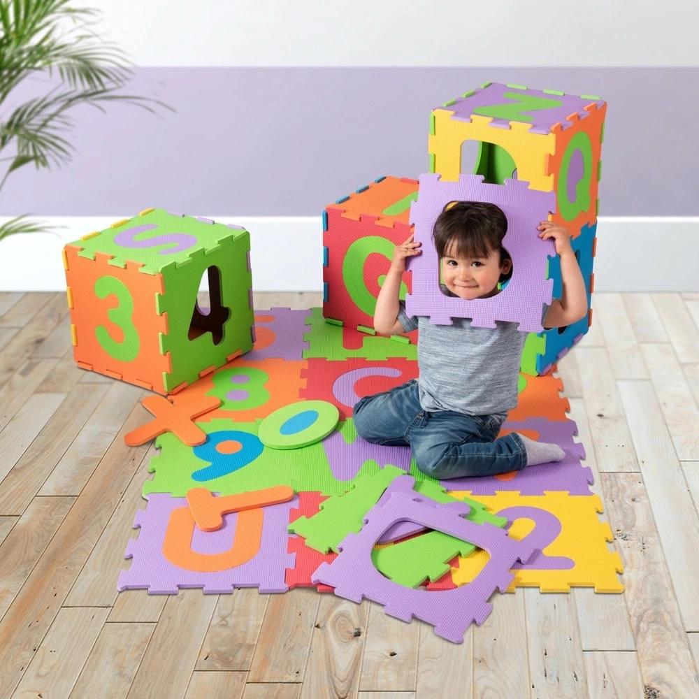 Relaxdays puzzelmat baby met rand kinderen foam afwasbaar wit grijs