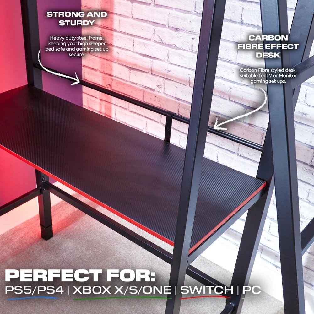 X Rocker Fortress High Sleeper Gaming Bunk Bed with Shelves and