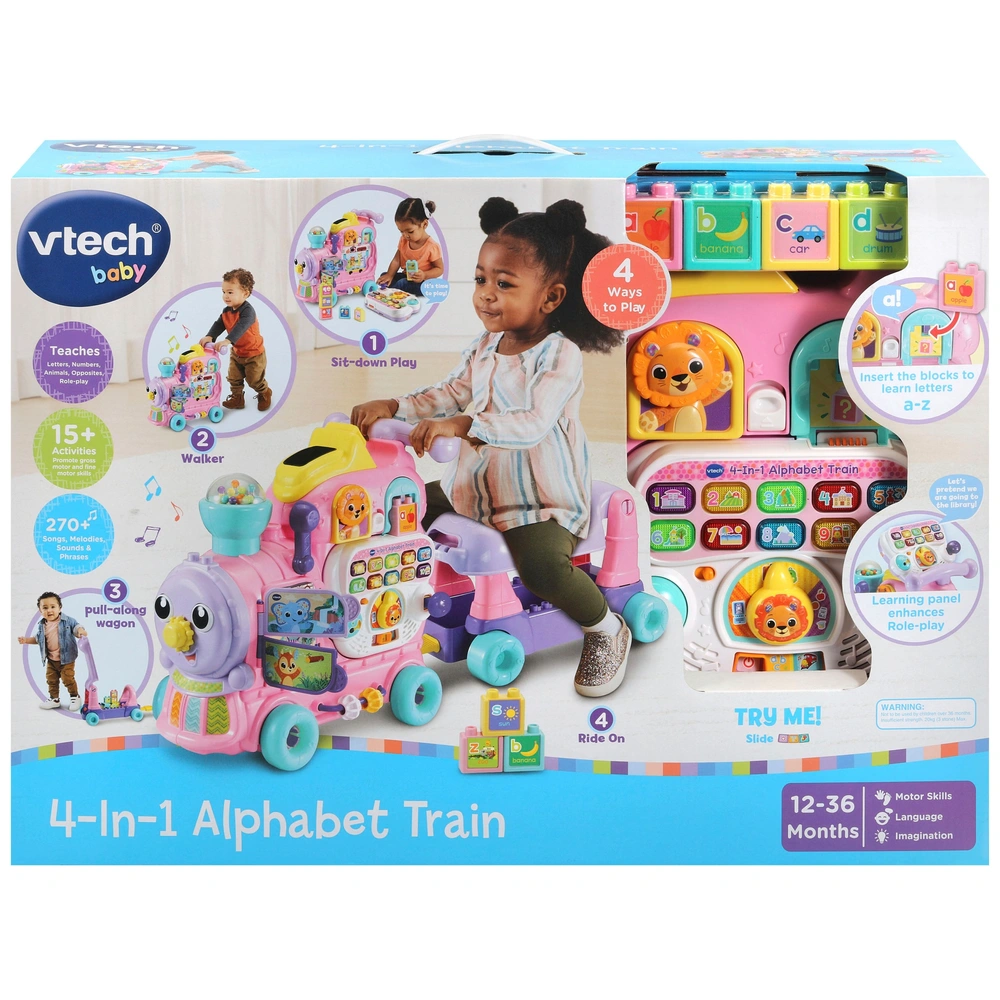 VTech Baby 4-in-1 Alphabet Train Ride On Pink Smyths Toys UK