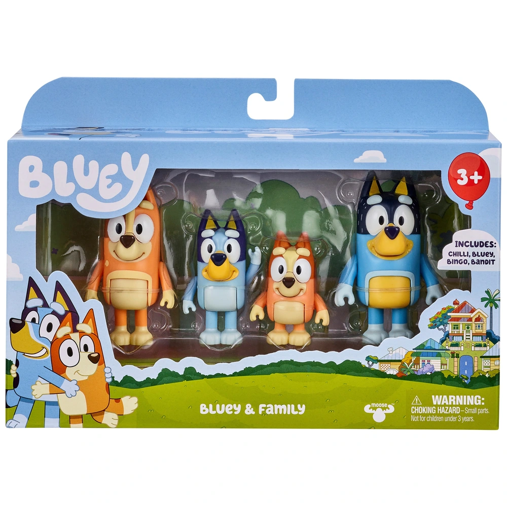 Bluey-Familienset mit Bluey, Bingo, Chilli und Bandit