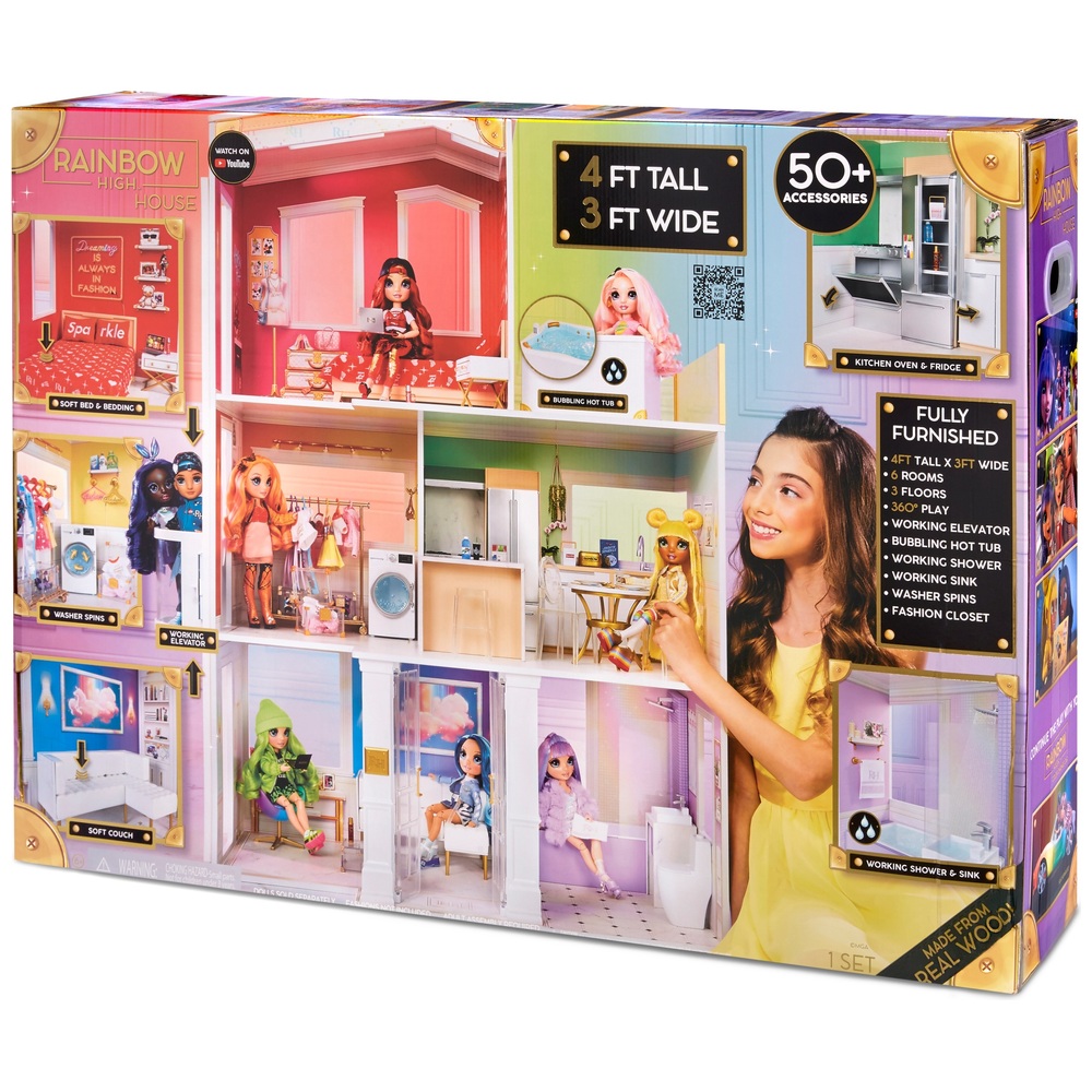 Rainbow High 3-Storey Wooden Doll House with 50 Accessories | Smyths Toys UK
