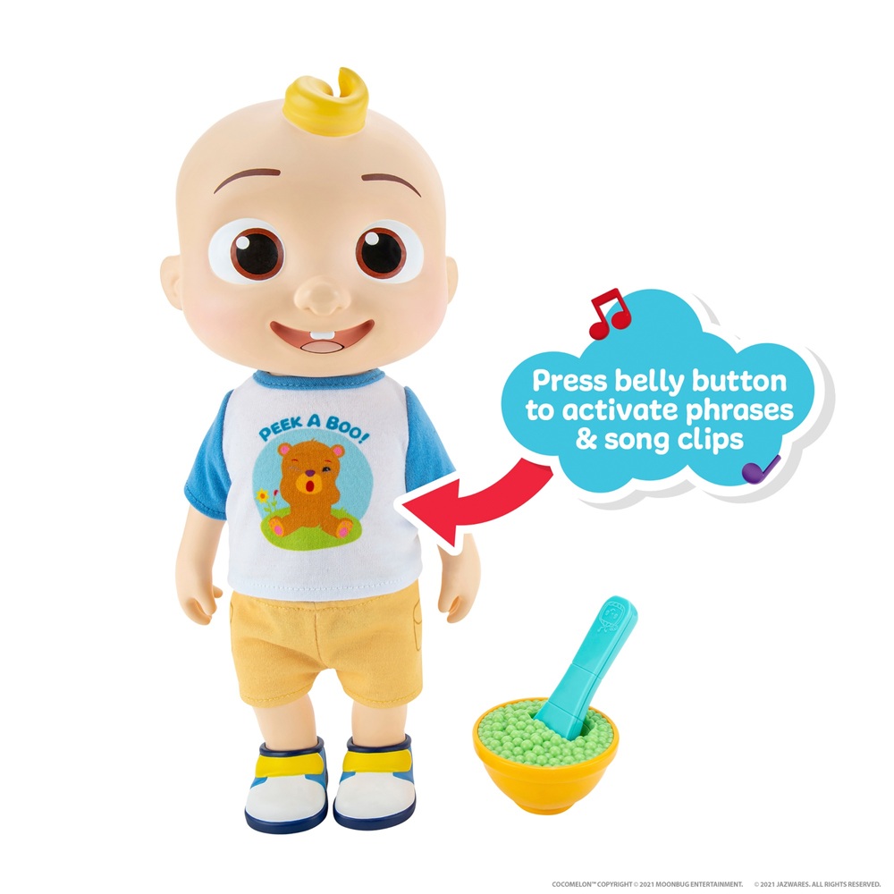 CoComelon Deluxe Interactive JJ Doll Spoon- Toys for Preschoolers Includes JJ Exclusive Outfit Bowl of Peas Pair of Shoes Shorts Shirt 