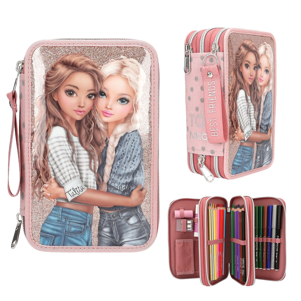 Depesche 12950 TOPModel - Gevulde 3-vaks etui in roze, met modelmotief en omkeerbare pailletten, etui met kleurpotloden, liniaal, schaar en nog veel meer
