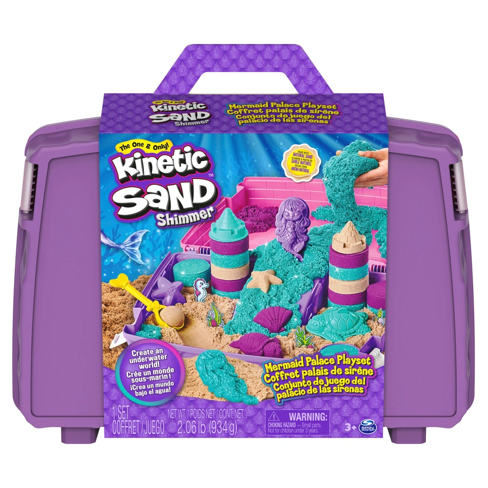 Kinetic Sand Shimmer – Coffret Château De Sable Scintillant Avec 453 G De Sable Rose, 3 Moules, 2 Outils Et Bac De Jeu Intérieur