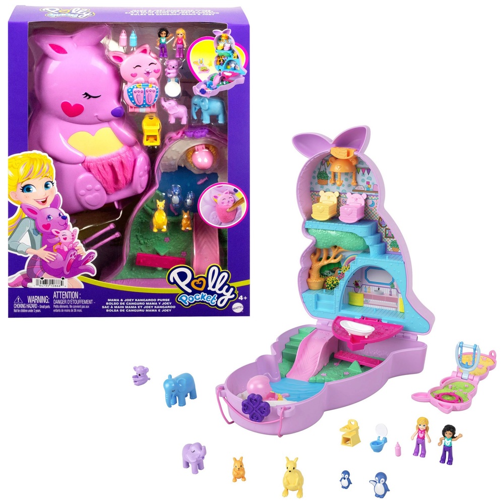 Polly Pocket Mini Toys, Mama and Joey Kangaroo Purse 2-in-1 Compact Playset  with 2 Micro Dolls and Accessories, Travel Toys, HKV50