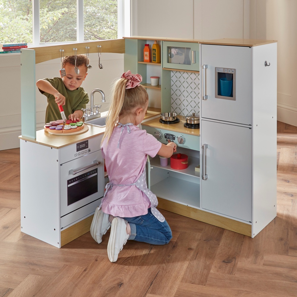 Kitchen Corner Große Luxus Eck Kinderküche aus Holz mit Licht und