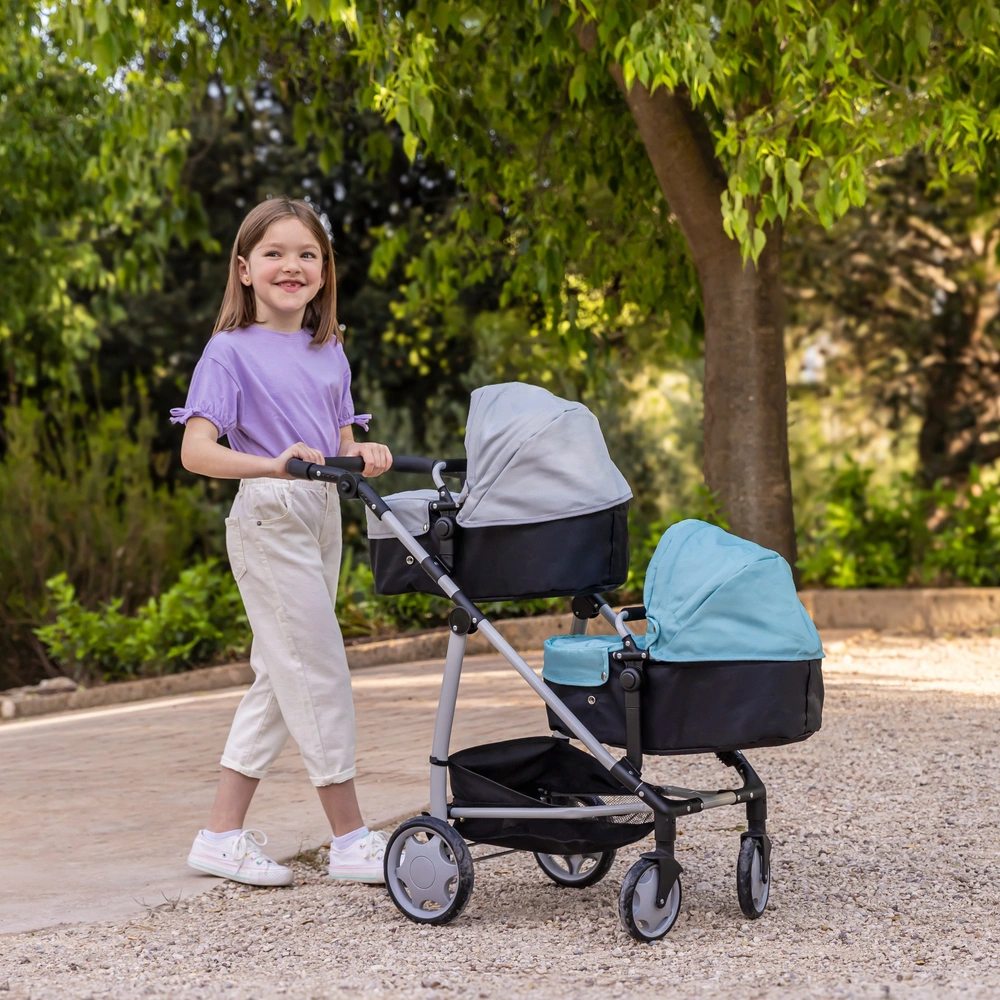 Deluxe Twin Dolls Pram in Grey Teal Smyths Toys UK
