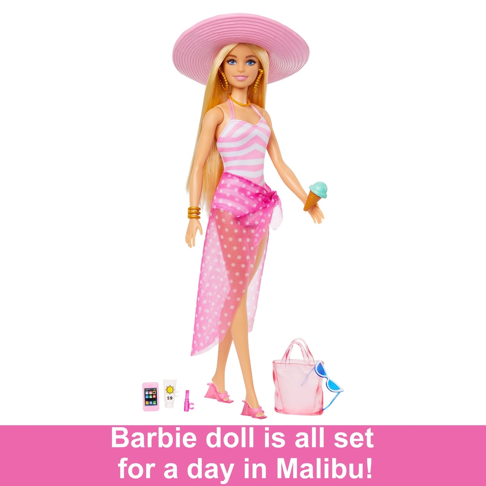 Blonde Barbie Doll with Swimsuit and Beach-Themed Accessories | Smyths ...
