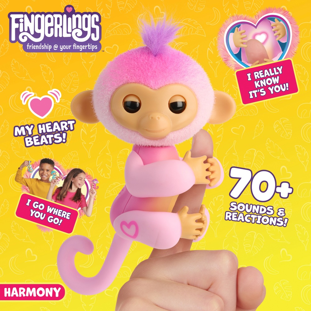 Fingerlings 2023 Nouveau bébé singe interactif réagit au toucher 70+ sons  et réactions Harmonie (rose)