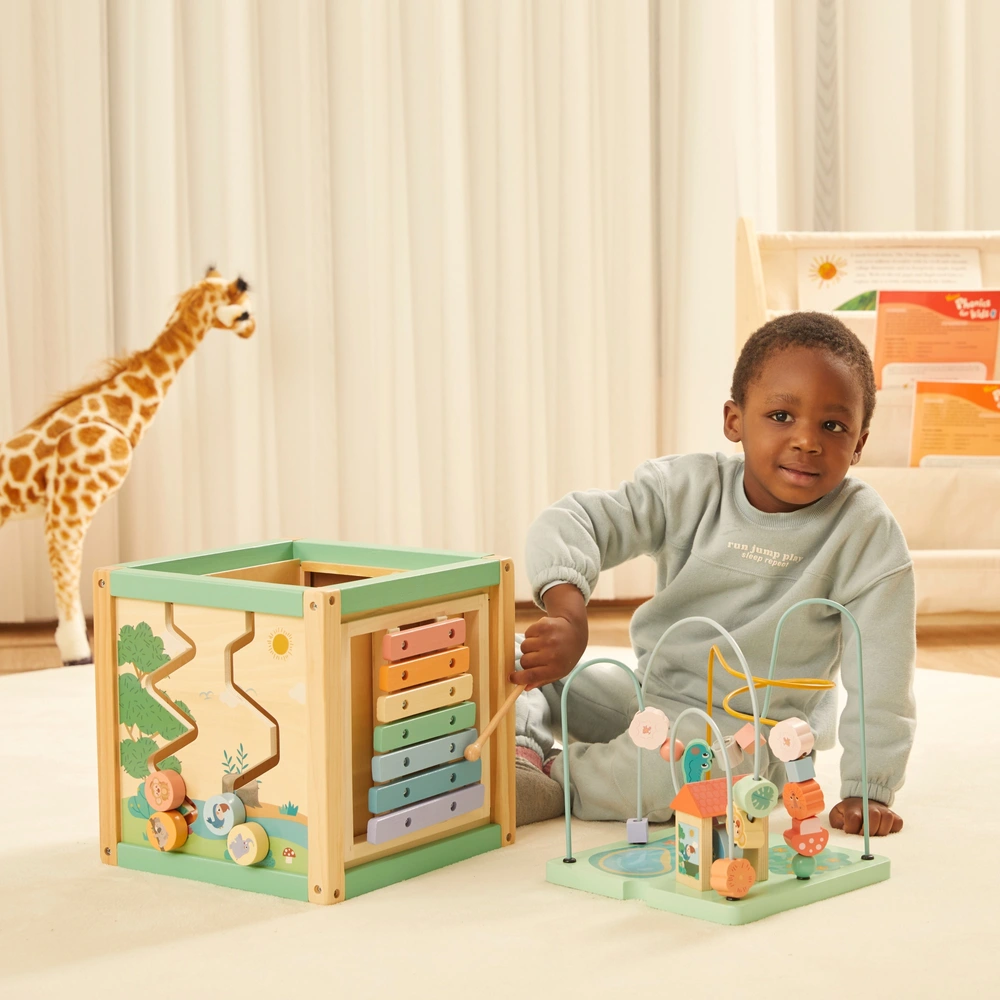 Tracteur Cube D'activités En Bois 5 En 1 - Avec Xylophone, Attrape-insectes, Arrache-radis, Pour Enfants 1-3 Ans, Jouet éducatif Ferme