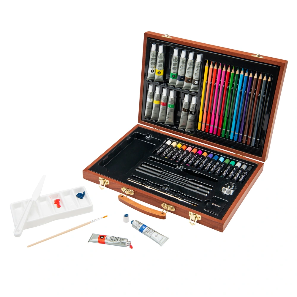 Mallette Artiste En Bois Avec Crayons Et Pastels - 40 Pièces - Neuf, Idéal Pour Loisirs Créatifs