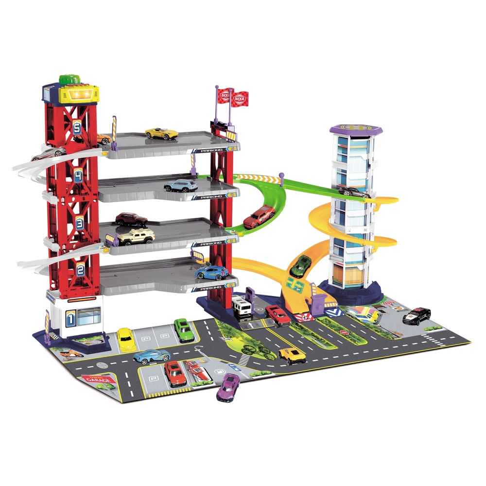 Garage de stationnement pour enfants avec 4 voitures jouet et hélicoptère  Kit de jeu avec station service, ascenseur, station de lavage et atelier