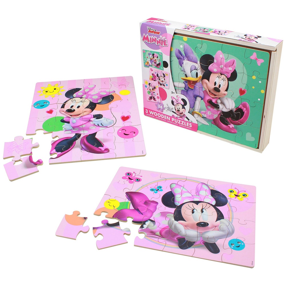 Minnie Mouse Wooden Puzzles 3 Pack in Wood Storage Tray | Smyths Toys UK