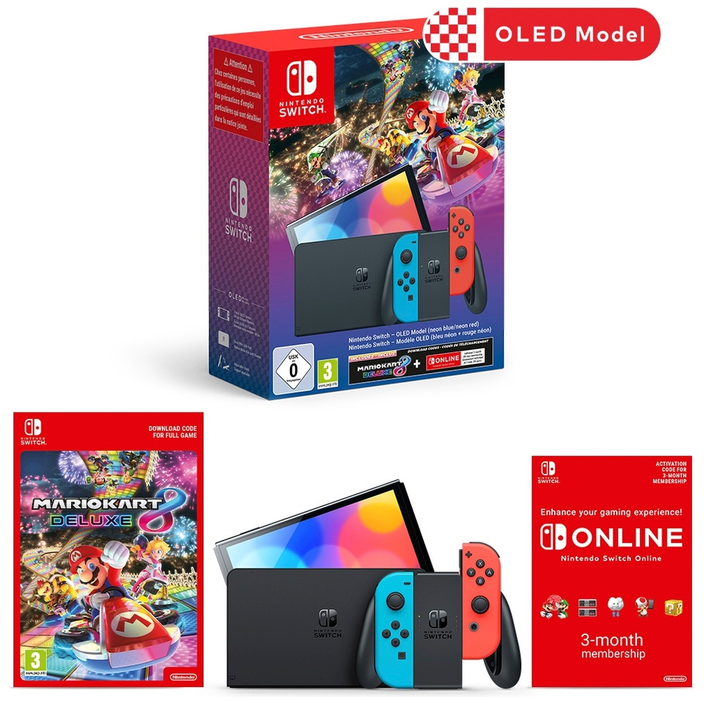 Nintendo Switch OLED (Blue / Red Neon) + 3 Games + Joy Con Set