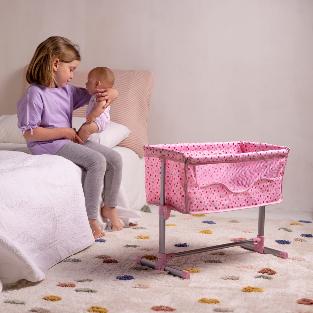 Doll Bedside Crib with Pillow and Quilt in Pink Spot Print