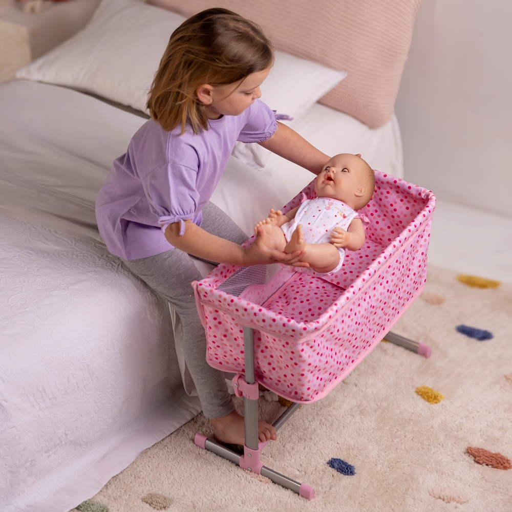 Doll Bedside Crib with Pillow and Quilt in Pink Spot Print Smyths Toys UK