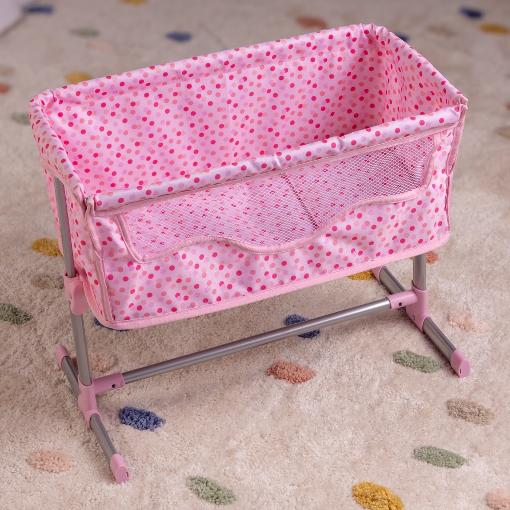 Doll Bedside Crib with Pillow and Quilt in Pink Spot Print Smyths Toys UK