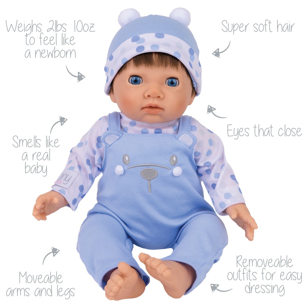 Tiny Treasures 44cm Weighted Baby Doll in Blue Bear Outfit | Smyths Toys UK