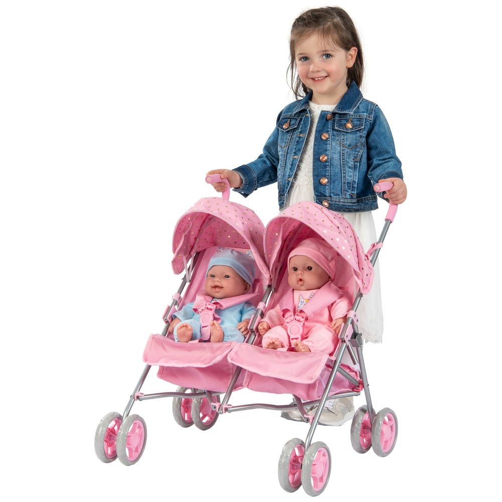 Pink twin pram best sale