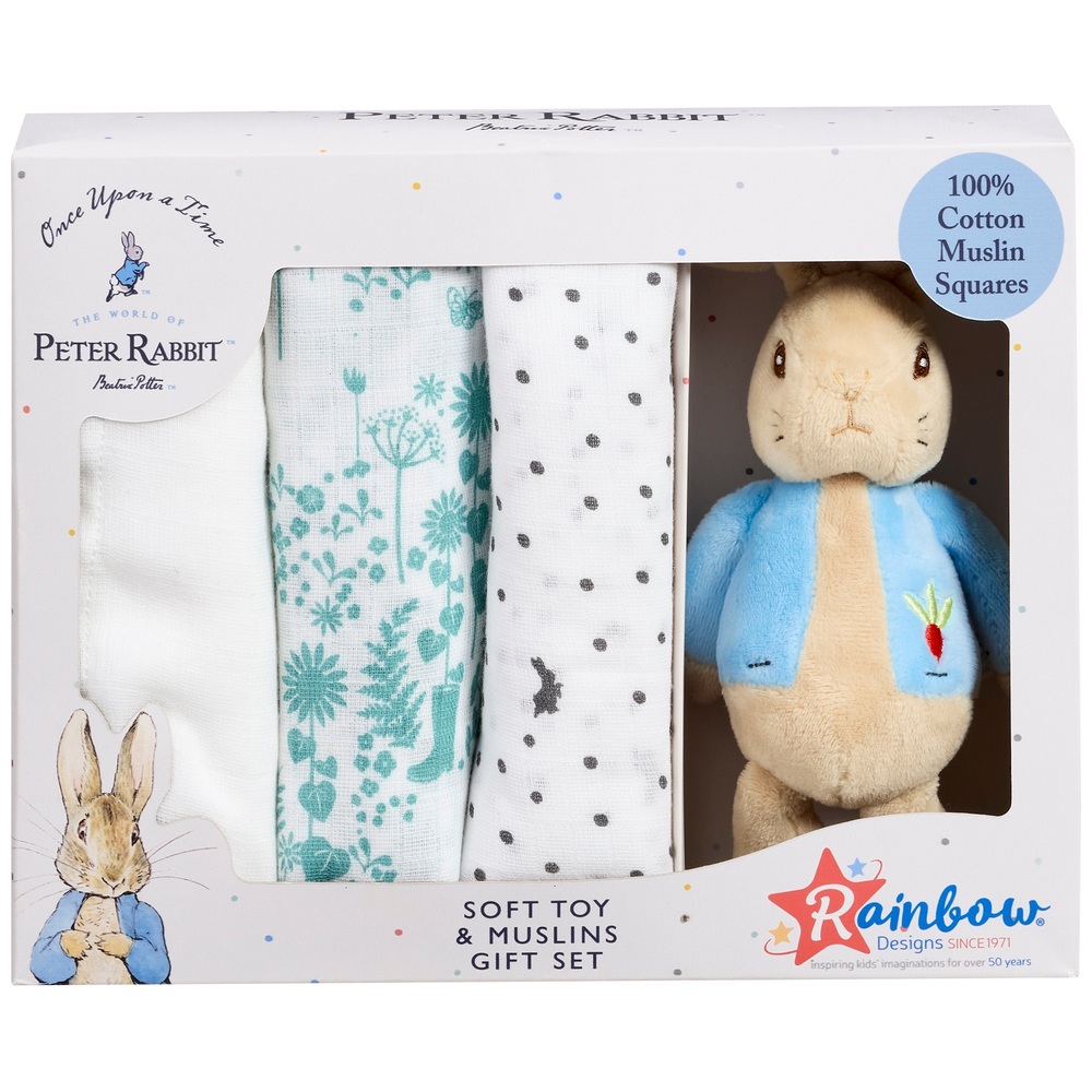 Peter Rabbit Soft Toy and 100 Cotton Muslins Baby Gift Set