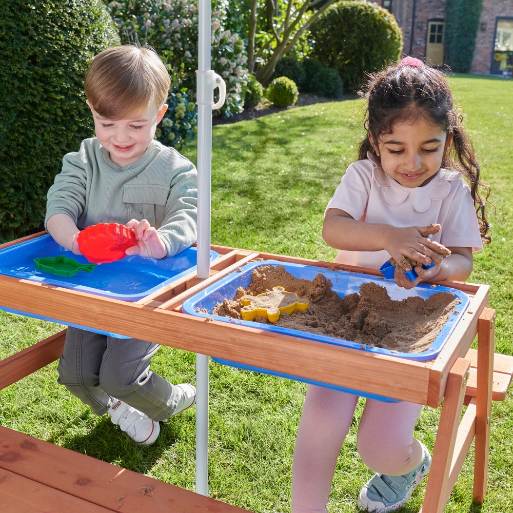 Coemo 2-in-1 kinderzitgroep en zand- en waterspeeltafel kinderpicknicktafel met banken, kinderzitgarnituur van hout, zitgroep buiten, tuinmeubelen voor tuin, met wateropslag