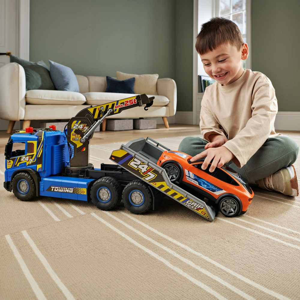 Mostop Grand camion de dépanneuse avec crochet et voiture, grand camion de remorquage de 38,1 cm, jouet pour enfants de 3, 4, 5, 6, 7, 8 ans, camion de transport alimenté par