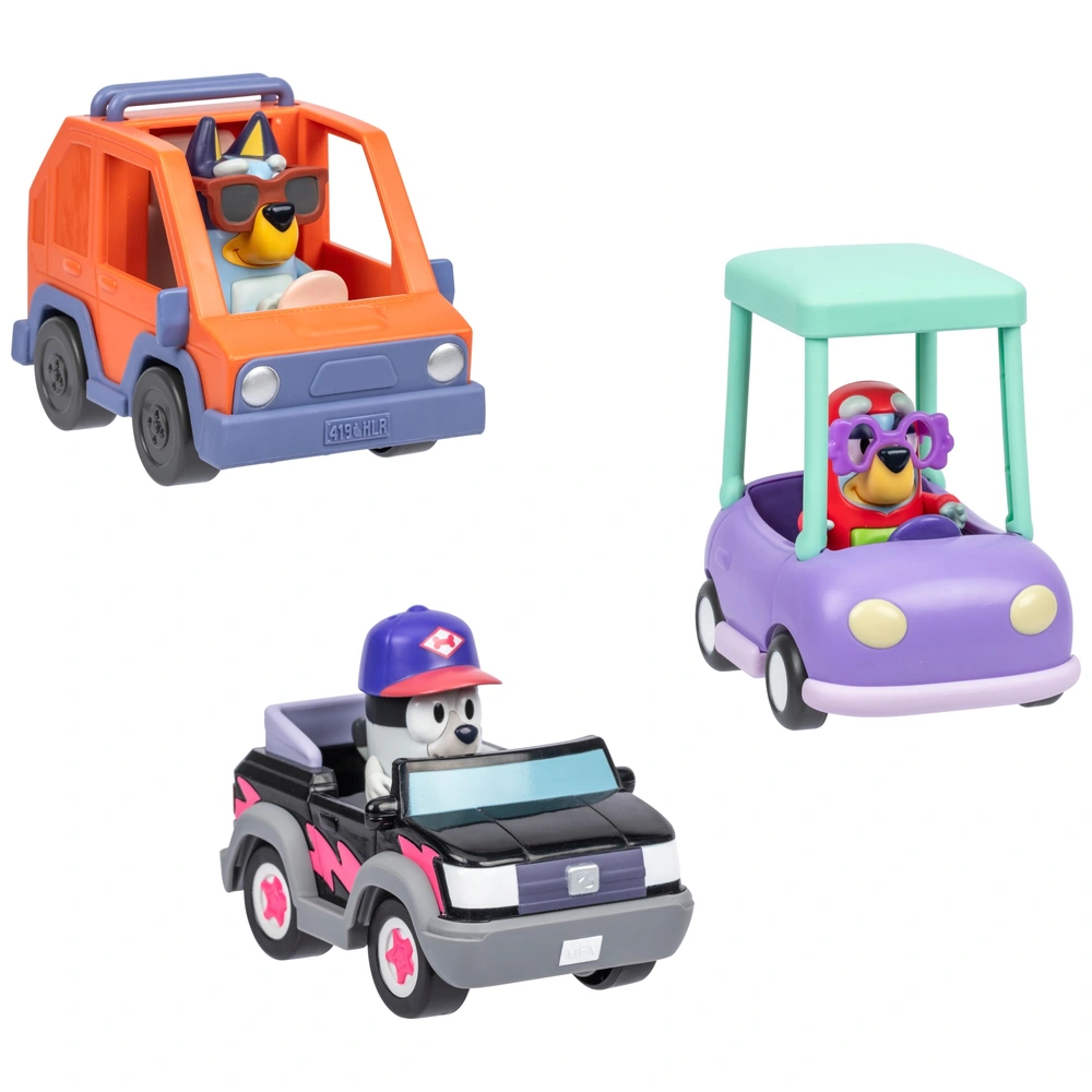 Bluey-Fahrzeugset mit drei Fahrzeugen und drei Figuren