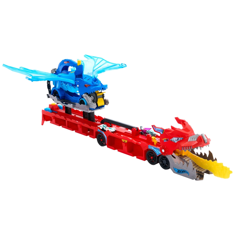Hot Wheels City Ultimate Dual Dragon Transporter & 2 Die-Cast Cars | 2 Dragons: 1 Large-Scale that Transforms into a 2-lane Raceway & 1 Detachable, Plus 2 Toy Cars, Store 20+ Vehicles