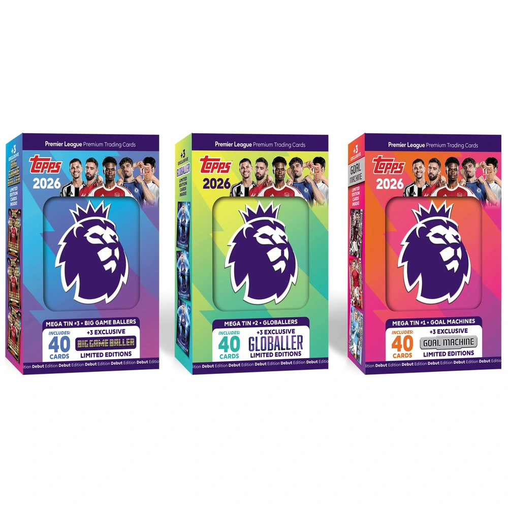 Topps Premier League 2026 - Eerste editie - Mega Tin Bundle (exclusief online). Bevat de 3 mega Tins uit de collectie in één pakket